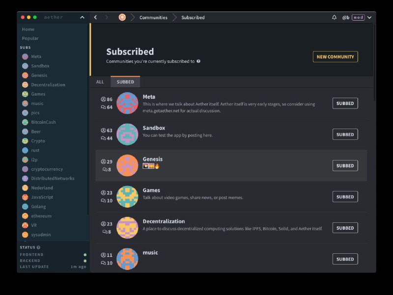 aetherPeer-to-peer ephemeral public communitiesOpen source, self-governing communities with auditable moderation and mod elections 目前尚没有开发安卓端（自然，ios更不可能有）