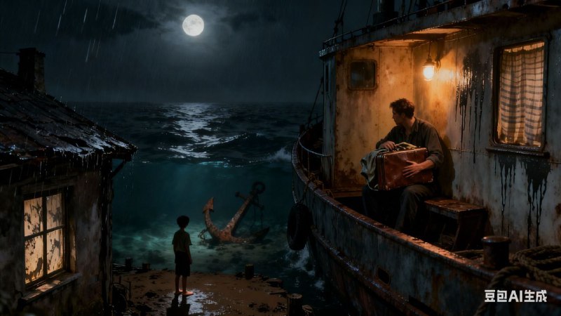 老屋与船海幽深，浪颠簸铁舱里灯火像要坠落他盯着墙上的水痕斑驳忽然认出是七岁的雨夜，老屋窗纸上，雨划过的纹络屋顶漏雨，他数着水滴入盆如今他抱着旧皮箱箱角油布裹得认真，像护着某段时辰他也不说，怕一开口，名字就散了架船身一震，灯灭了黑暗合拢，像那年门锁落他划亮火柴，光在铁壁上爬影子却退回泥泞码头，赤脚站着半块粗饼在手里攥得发烫船影远去，无人回头望不是谁背弃，不是谁远航是他走得太久，忘了回头望雨夜的老屋还在等等一个没吃完饼的孩子，推门进堂可他早已随船，去了远方留下那个影子，在泥里站成桩锈锚沉在海底不说话像那年卡在喉间未出口的话月光落在海面像谎话照得见远方，照不见家他抱着箱子，像抱着旧年画漂在时间之外，回不去的夏那船从未归来，他也从未出发只是困在，那年没听见的话舱外浪歇，海平如镜冷月浮现，本不该有的景它照着空码头，照着旧脚印照着一个从未来过的人，在风里站定锈锚沉在海底不说话像那年没喊出的那句话月光落在海面像谎话照得见远方，照不见家他抱着箱子，像抱着自己的疤漂在时间之外，回不去的夏那船从未归来，他也从未出发只是困在，那年未亮的夜里