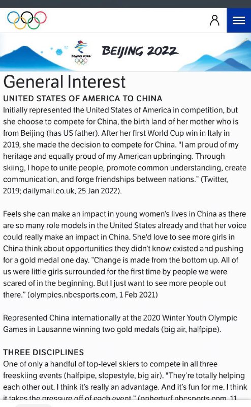 奥运会官网上关于谷爱凌的介绍2月9日做了改动，删除了“她放弃美国国籍加入中国国籍”一句，改成“她选择为中国参赛”